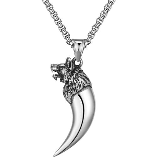 Stainless Steel Vintage Wolf Tooth Head Pendant Necklace Punk Rock Jewelry Gift For Him with Chain