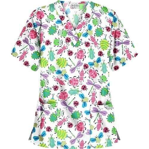 Women Uniform Printing Blouse Beauty Salon work clothes Short Sleeve V-neck Tops Working Uniform Christmas Thanksgiving Hotting