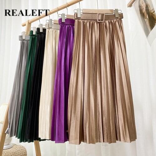 REALEFT New 2021 Stain Womens Pleated Skirts with Belted High Waist Chic Long Skirts Summer Korean Style Female Tulle Skirts