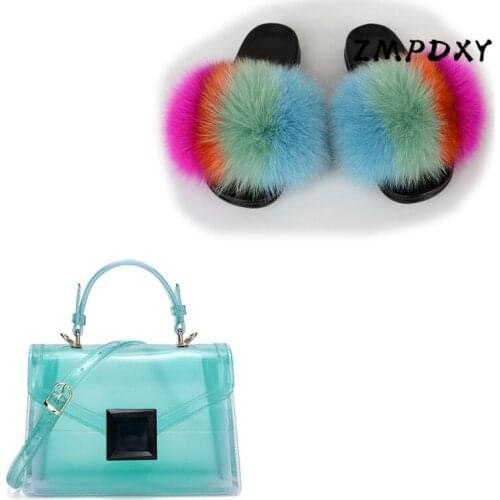 Ladies Candy Crossbody Purse Womens Fluffy Furry Slides Colorful Jelly Shoulder Bag Shoes Sets Woman Fox Fur Slippers Sandals