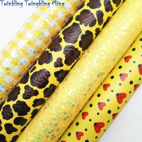 Yellow Plaids Printed Chunky Glitter Leather Leopard Ladybugs Synthetic Faux Fabric Leather Sheets 21x29CM Twinkling Ming KM513