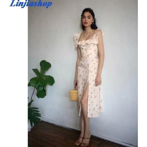 Elegant midi dress women backless vintage elastic floral print summer autumn ruffles long party split dress femme vestidos