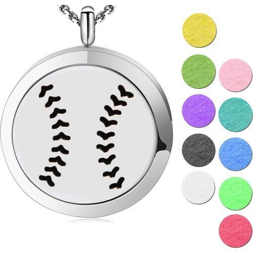 1pcs 30mm Silver Round Sport Baseball Aromatherapy Oils Stainless Steel Perfume Diffuser Locket Necklace Pendant