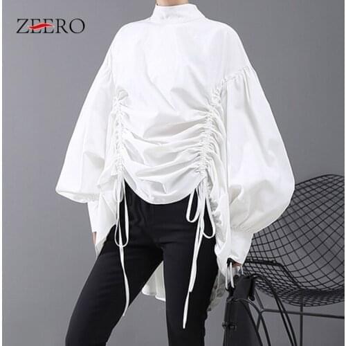 Spring Autumn Fashion Ruched Drawstring Women Blouses Elegant Female White Long Lantern Sleeve Stand Neck Shirts Tops Blusas