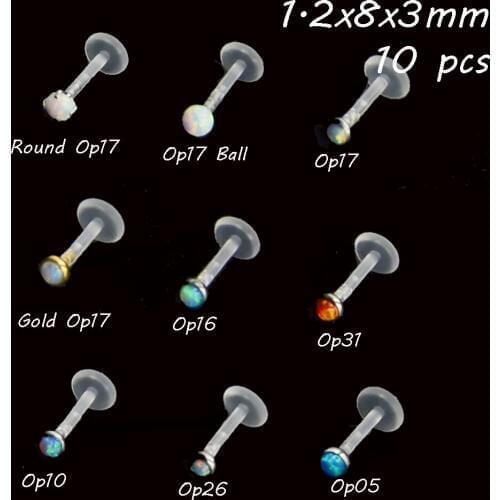 BOG-10 Piece Bio Flex Push In Flexible Labret & Monroe Lip Tragus Cartilage Piercing Ring Stud with 3mm Opal Stone Nose Stud