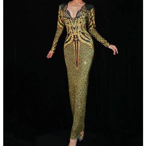 Dance Costume Gold Rhinestones Long Dress Womens Birthday Celebrate See Through Outfit Nightclub Female Singer Party Dresses DJ