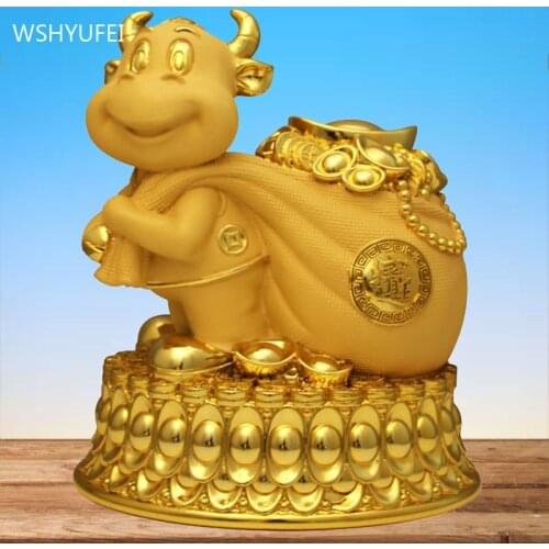 Home Golden Resin Cattle Sculpture Decoration Living Room Auspicious Ornaments Study Desktop Bogu Frame Piggy Bank Decor Crafts