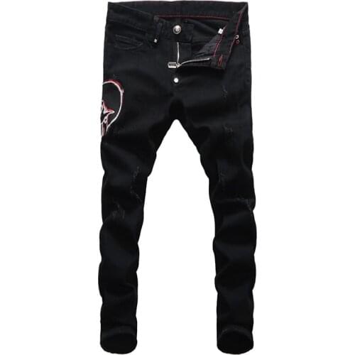 European American Street Fashion Men Jeans Elastic Slim Fit Ripped Jeans Men Skulls Patches Designer Hip Hop Denim Punk Pants