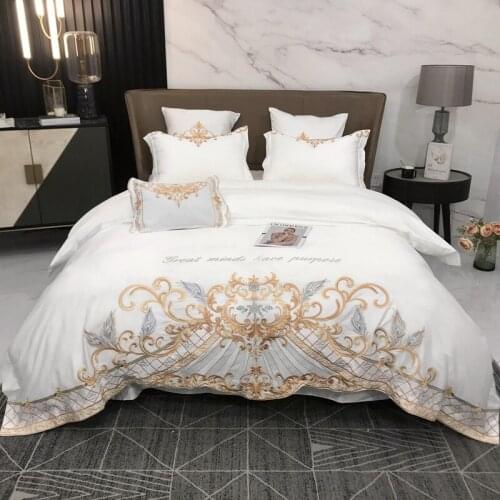 European Luxury Golden Embroidery Palace White Egyptian Cotton Bedding Set Duvet Cover Flat/Fitted Sheet Bedspread Pillowcases