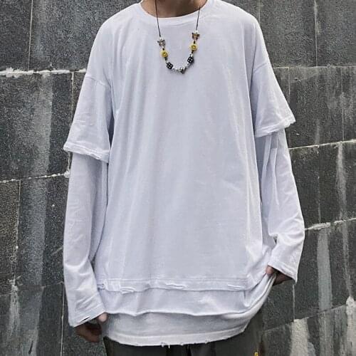 Mens new personality false two splicing hip-hop solid color all-match long sleeves bottom shirt loose large size T-shirt