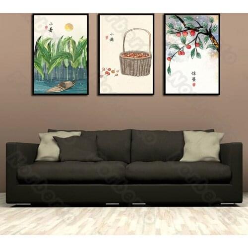 Chinese 24 Solar Terms Pictures Canvas Painting Wall Poster Grain Buds Slight Heat Insects Awaken for Home Room Wall Decoratio