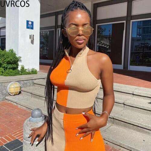 UVRCOS Womens Tracksuit 2 color Patchwork New Fashion Popular Summer Two Piece Set 2021 Casual Slim Zipper Tops Skinny Dresses