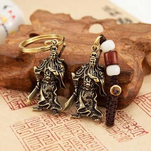 Brass Retro People GuanGong Keychains Car Braided Keychain with Rope and Big Knife Chinese Patron Saint Key Chain