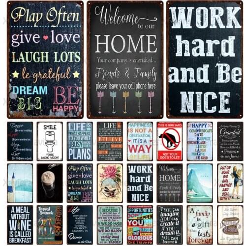 Metal Tin Sign Happy Letter Quotes Vintage Family Rule Warm Home Rule Sign Metal Decoration Poster Wall Art Picture Iron Sheet