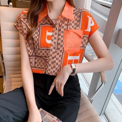 Newest summer Womans lattice Color short Sleeve Shirt ladies tops button up shirt Fashion Printed lapel Womens shirt woman top