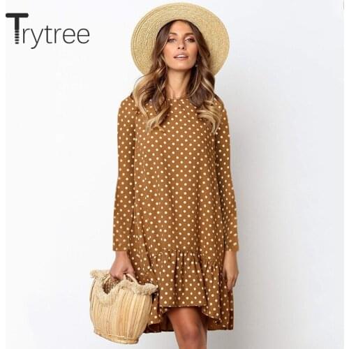 Trytree 2021 Spring Summer Womens Dress Casual Polka Dot Loose O-neck Polyester Silky Knee-Length Ruffled Hem Holiday Dress