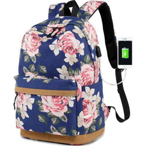 Teens Backpack For School Girls Bookbag With USB Charging Port Canvas School Bag Floral Travel Daypack College Student Bag