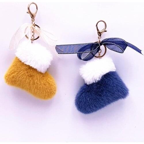 Christmas Boots Keychain Fluffy Faux Mink Fur Key Chain Cute Bow Bag Pendant Key Holder Cartoon Plush Car Key Ring Women Gift