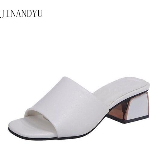 Summer Slides Shoes Women Chunky Heels Black White High Heels Shoes for Women Leather Sandals Casuales Woman Slippers Comfort