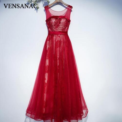 VENSANAC 2018 Sheer O Neck Lace A Line Long Evening Dresses Elegant Tank Party Embroidery Sash Tulle Prom Gowns