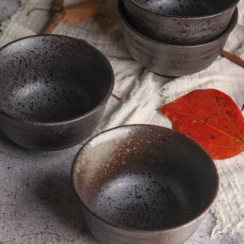 Japanese rice bowl creative rough pottery tableware Black Retro bowl ceramic rice bowl family hotel dining ceramic bowl