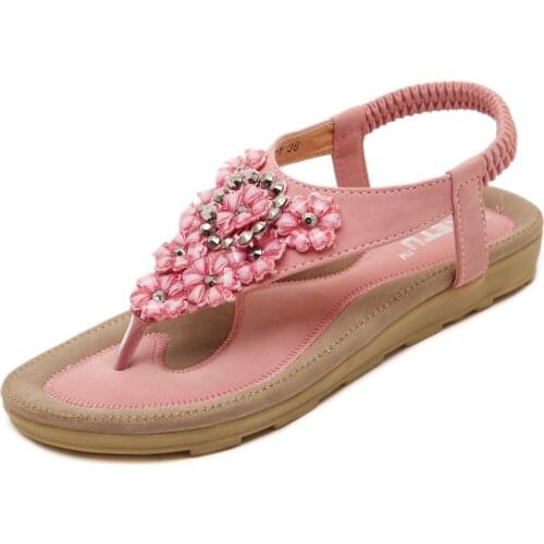 Summer 2021 Sweet Womens Sandals Bohemian Flower Diamond Large Size Ladies Flat Shoes Fashion Casual Girls Beach Shoes Pinkling