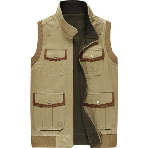 Fall Spring Casual Men Patchwork Khaki Army Green Sleeveless 4XL 5XL Vest Coat , Male Man Summer Embroidery Loose Pockets Vests