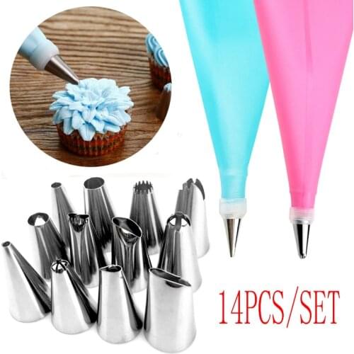 14 PCS/Set Silicone Icing Piping Cream Pastry Bag + 12 PC Stainless Steel Nozzle Pastry Tips Converter DIY Cake Decorating Tool