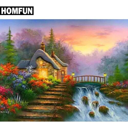 HOMFUN Full Square/Round Drill 5D DIY Diamond Painting "House waterfall" Embroidery Cross Stitch 5D Home Decor Gift