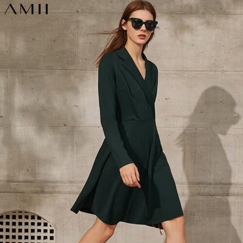 Amii Minimalism Spring New Causal Dress For Women Offical Lady Solid Vneck Knee-length Womens Summer Dress 12130049