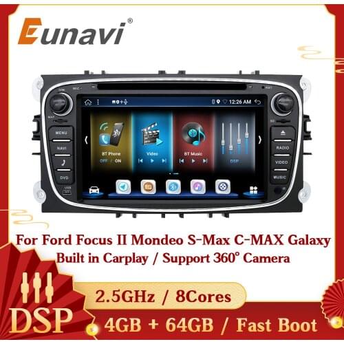 Eunavi 4G 64G 8Core DSP Android 10 2 Din Car Radio DVD Player For Ford Focus II 2 Mondeo S-Max C-MAX Galaxy Multimedia 7inch GPS
