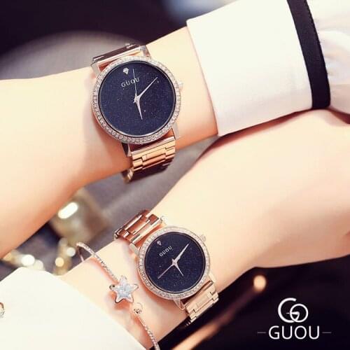 Fashion Guou Top Brand Bling Stars Full Stainless Steel Rose Gold Japan Movt Quartz Wrist Watches Wristwatch For Women Ladies