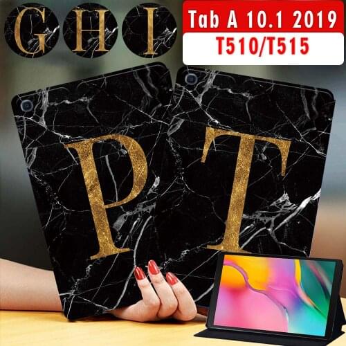 Tablet Case for Samsung Galaxy Tab A 10.1 inch 2019 T510/T515 Anti-Scratch Leather Black Marble Series Cover Case+ Free Stylus