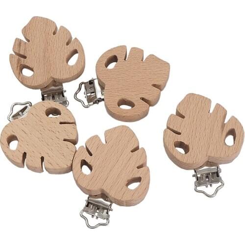 Chenkai 50PCS Wooden leaf Shaped Pacifier Clips DIY Organic Eco-friendly Nature Baby Rattle Teething Grasping Wooden Toy Gift