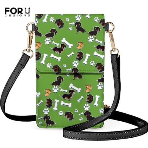 FORUDESIGNS Kawaii Dachshund And Bone Pattern 2021 Women Coin Purse Cross Shoulder Bag Female PU Cell Phone Pouch Bosla Feminina