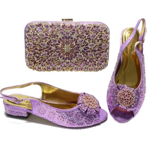 Igerian Lastest Italian Design Fashion Special Crystal and Metal Decoration Style Party Women Shoes and Bag Set in Purple Color