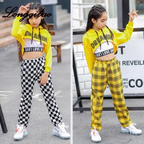 Hip hop boy and girl street dance costume set Spring and Autumn black and white plaid new childrens hooded umbilical costume