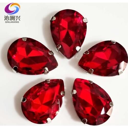 Red colorTeardrop shape High quality AAAA Glass Crystal flatback sew on rhinestones with ,Diy Clothing accessories SWS06