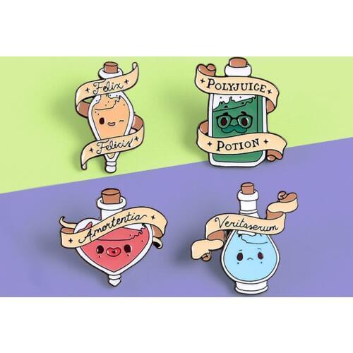 Fashion Magic Love Potions Perfume Enamel Pin Shiny Colour Brooches Felix Felicis Polyjuice Potion wizard For Friends Jewelry
