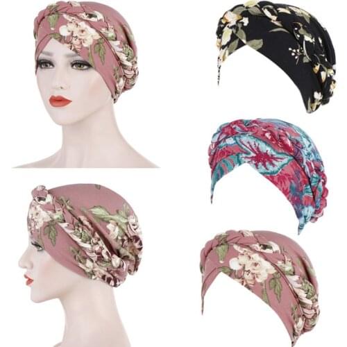 Muslim Womens Turban Hat Colored Floral Leaves Print Indian Beanie Headwrap Twist Braided Cross Front Ruffle Chemo Cap Hijab