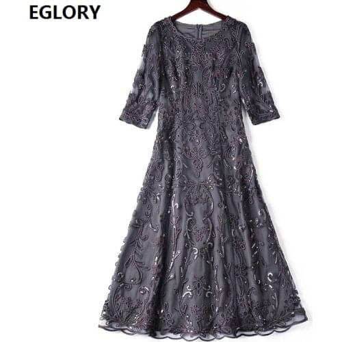 Top Quality New 1950s Style Dress Plus Size Clothing Women O-Neck Allover Luxurious Embroidery Mid-Calf Blue Grey Dress 3xl 4XL