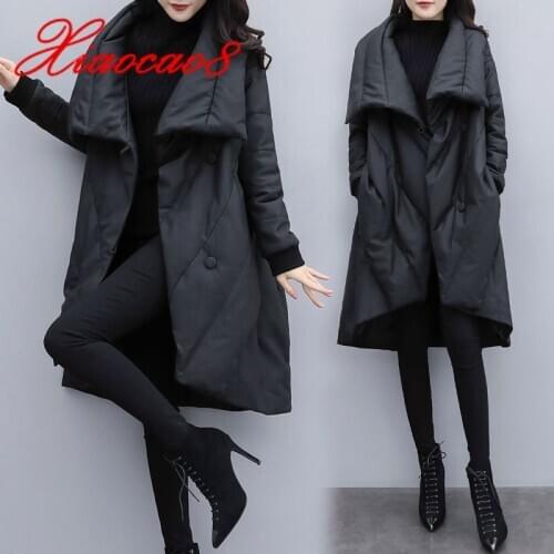 2020 New Fashion Down Cotton Coat Autumn And Winter Womens Loose Mid-Length Overcoat Casual Black Button Warm Jacket Outerwear