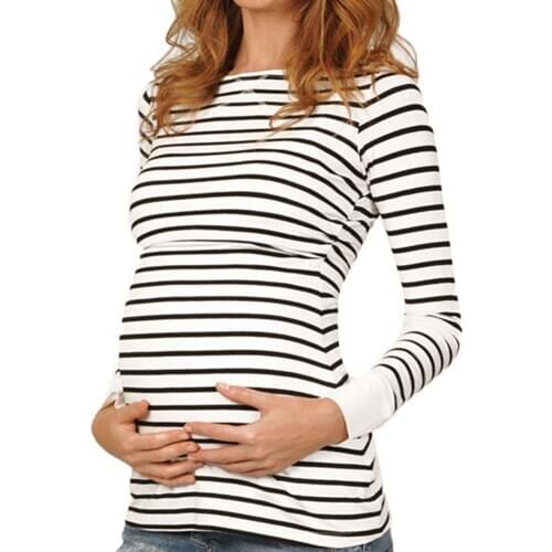 4# Stripe Maternity Tees Women Mom Pregnant Nursing Baby Maternity Long Sleeved Tees Clothe Pregnant Tees Leisure T-shirt Ciąża