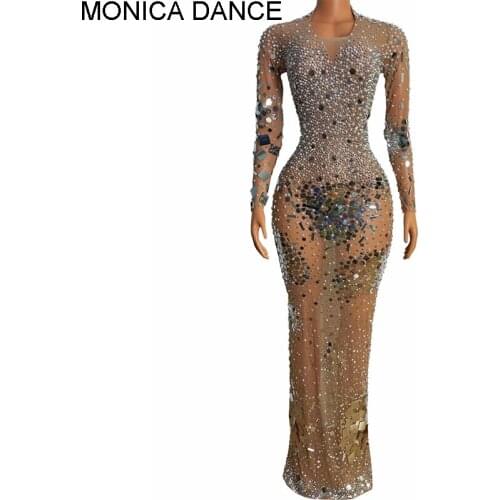 Sexy Stage Flashing Pearls Crystals Rhinstones Transparent Dress Evening Wedding Birthday Celebrate Mesh Stretch Dance Dress