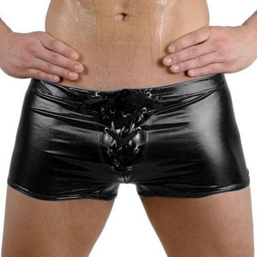 Sexy Mens Boxer Briefs Lingerie Wet Look Leather Shorts Club Underwear Swimwear