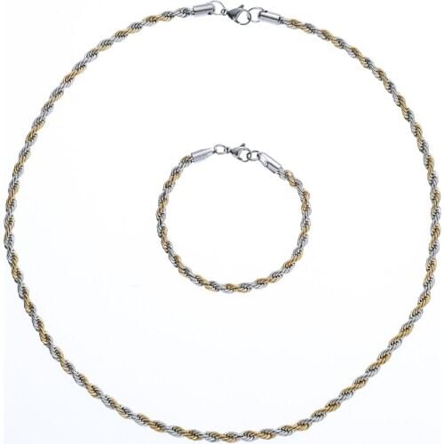 Width 3/5MM 316L Stainless Steel Gold Color Twist Chain Necklace Bracelet Fashion Jewelry Set For Men Hip Hop Rock Style