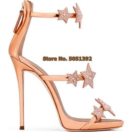 Women High Heel Sandals Open Toe Patent Leather Star Rhinestone Banquet Shoes Glittering Jewelry Stiletto Heel Pumps Elegant