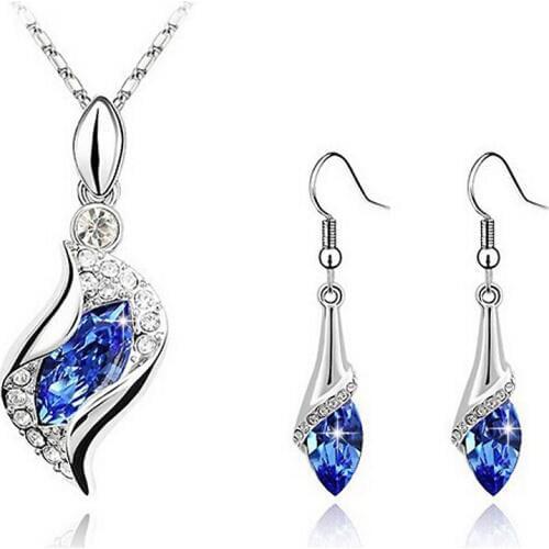 USTAR Blue Crystals Jewelry Set Water Drop Earrings and Pendant Necklace Silver color Chain Wedding Jewelry Set for women