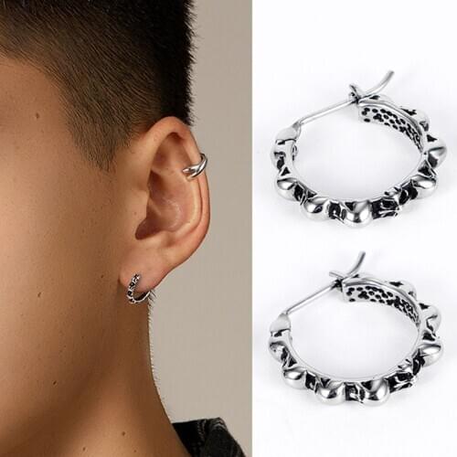 1 Pair Vintage Skull Round Hoop Earrings Men Stainless Steel Earrings Fashion Jewelry Accessories