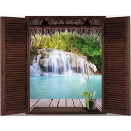 Occident fake 3d window Waterfall scenery wall stickers clear water wooden bridge vinyl mural home decoration art poster 70*50cm